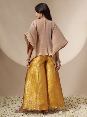 Women Yellow Brocade Pleating Kaftan Top With Palazzos