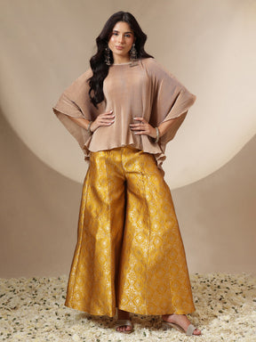 Women Yellow Brocade Pleating Kaftan Top With Palazzos