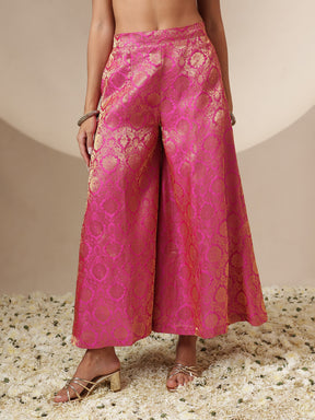Women Fuchsia Brocade Pleating Kaftan Top With Palazzos