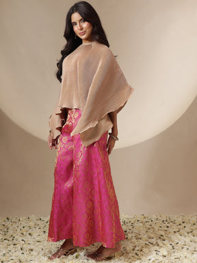 Women Fuchsia Brocade Pleating Kaftan Top With Palazzos