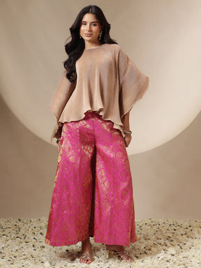 Women Fuchsia Brocade Pleating Kaftan Top With Palazzos