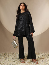Black Sequin Full Sleeves Kurti With Bell Bottom Pants -Shae by SASSAFRAS