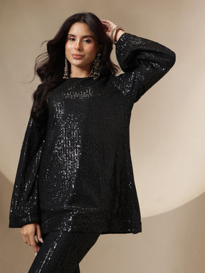 Black Sequin Full Sleeves Kurti With Bell Bottom Pants -Shae by SASSAFRAS