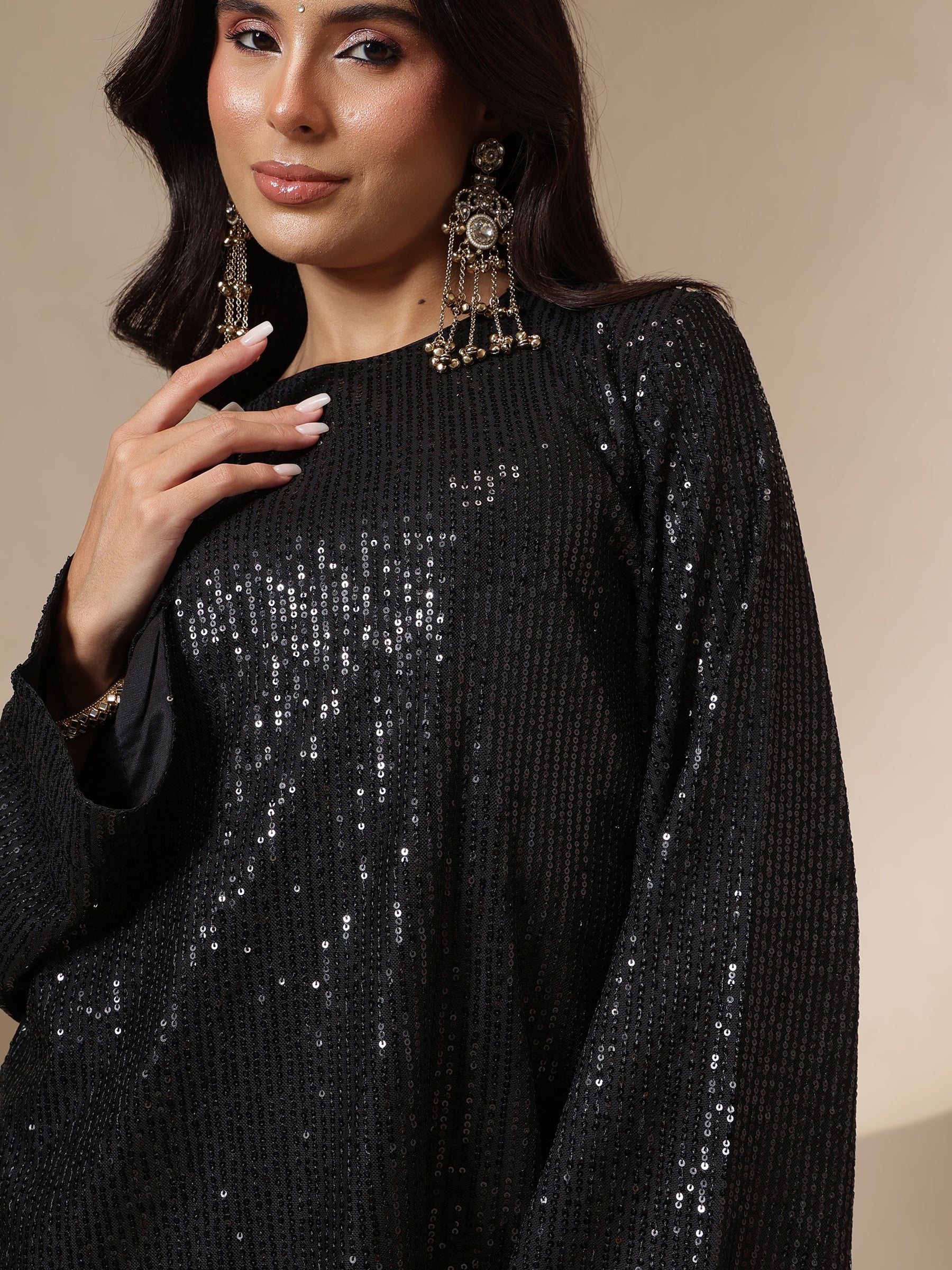 Black Sequin Full Sleeves Kurti With Bell Bottom Pants -Shae by SASSAFRAS