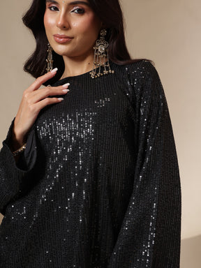 Black Sequin Full Sleeves Kurti With Bell Bottom Pants -Shae by SASSAFRAS