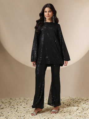 Women Black Sequin Full Sleeves Kurti With Bell Bottom Pants