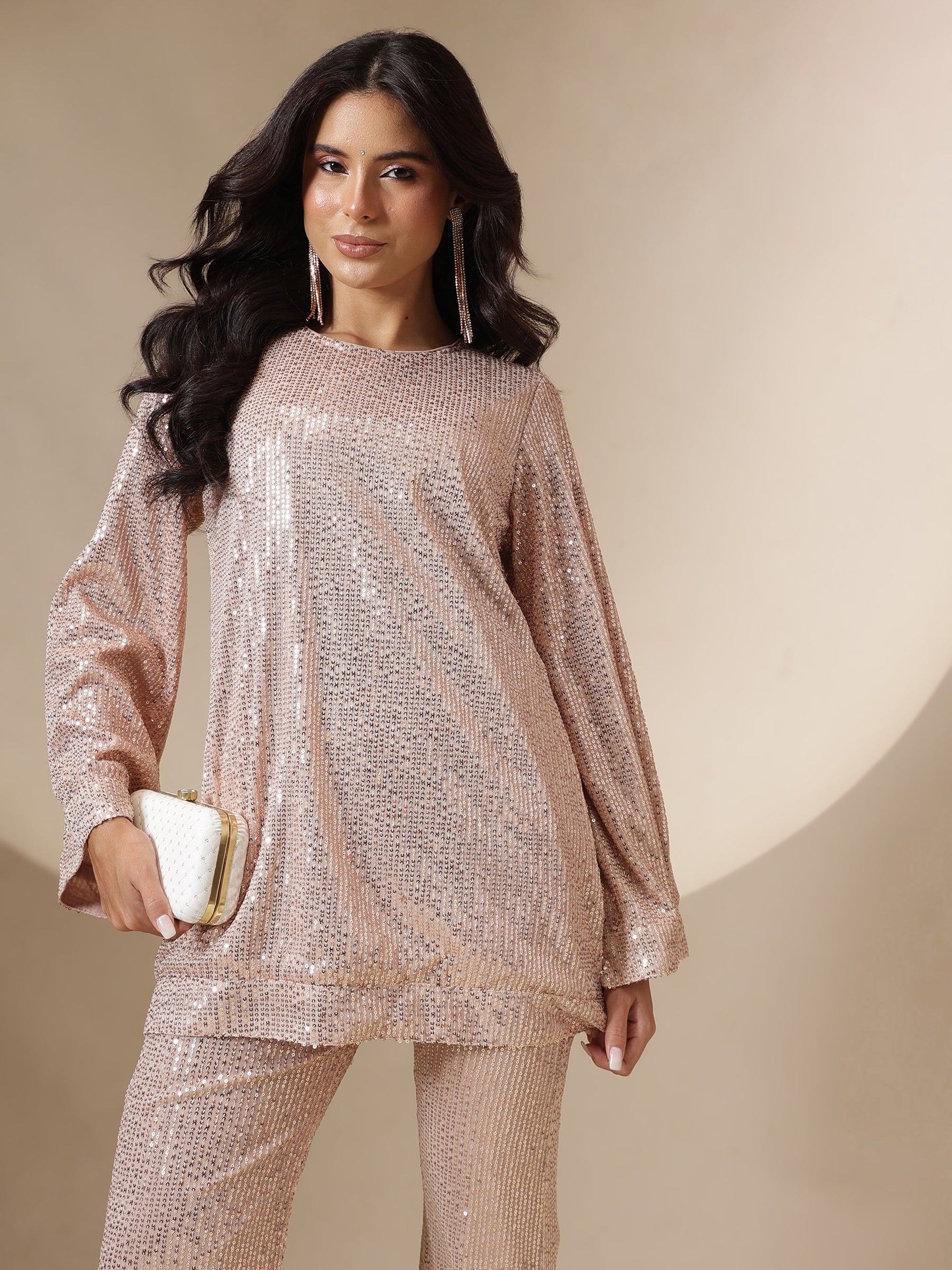 Pink Sequin Full Sleeves Kurti With Bell Bottom Pants -Shae by SASSAFRAS