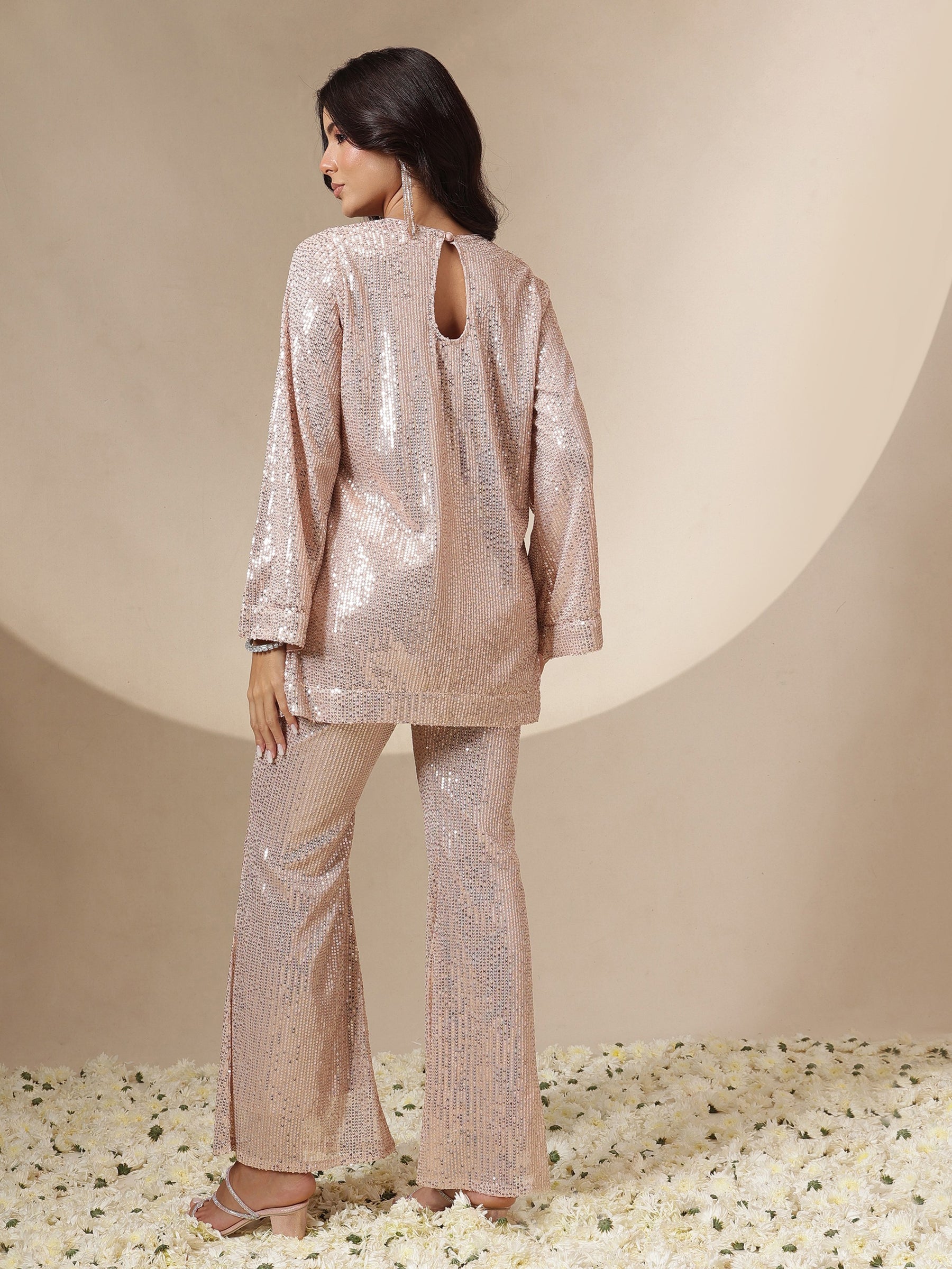 Women Pink Sequin Full Sleeves Kurti With Bell Bottom Pants