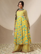 Yellow Floral Sweetheart Neck Anarkali Kurta With Palazzos-Shae by SASSAFRAS