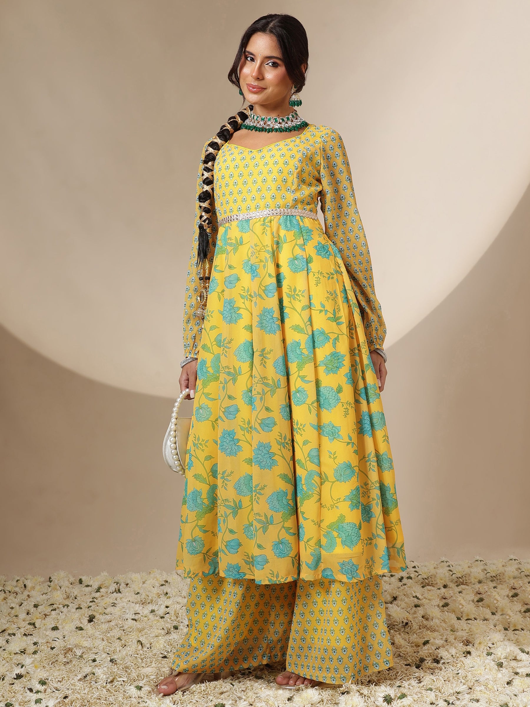 Yellow Floral Sweetheart Neck Anarkali Kurta With Palazzos-Shae by SASSAFRAS