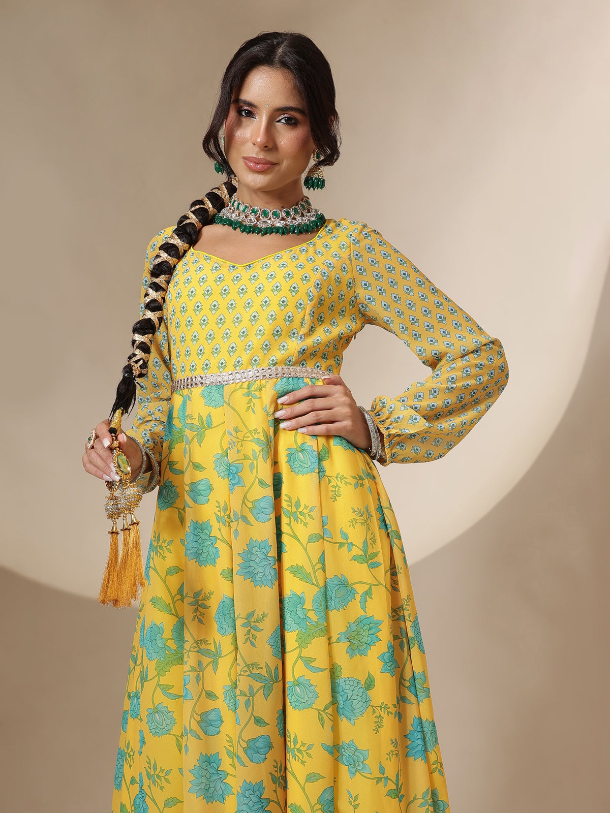 Yellow Floral Sweetheart Neck Anarkali Kurta With Palazzos-Shae by SASSAFRAS
