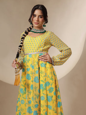 Yellow Floral Sweetheart Neck Anarkali Kurta With Palazzos-Shae by SASSAFRAS