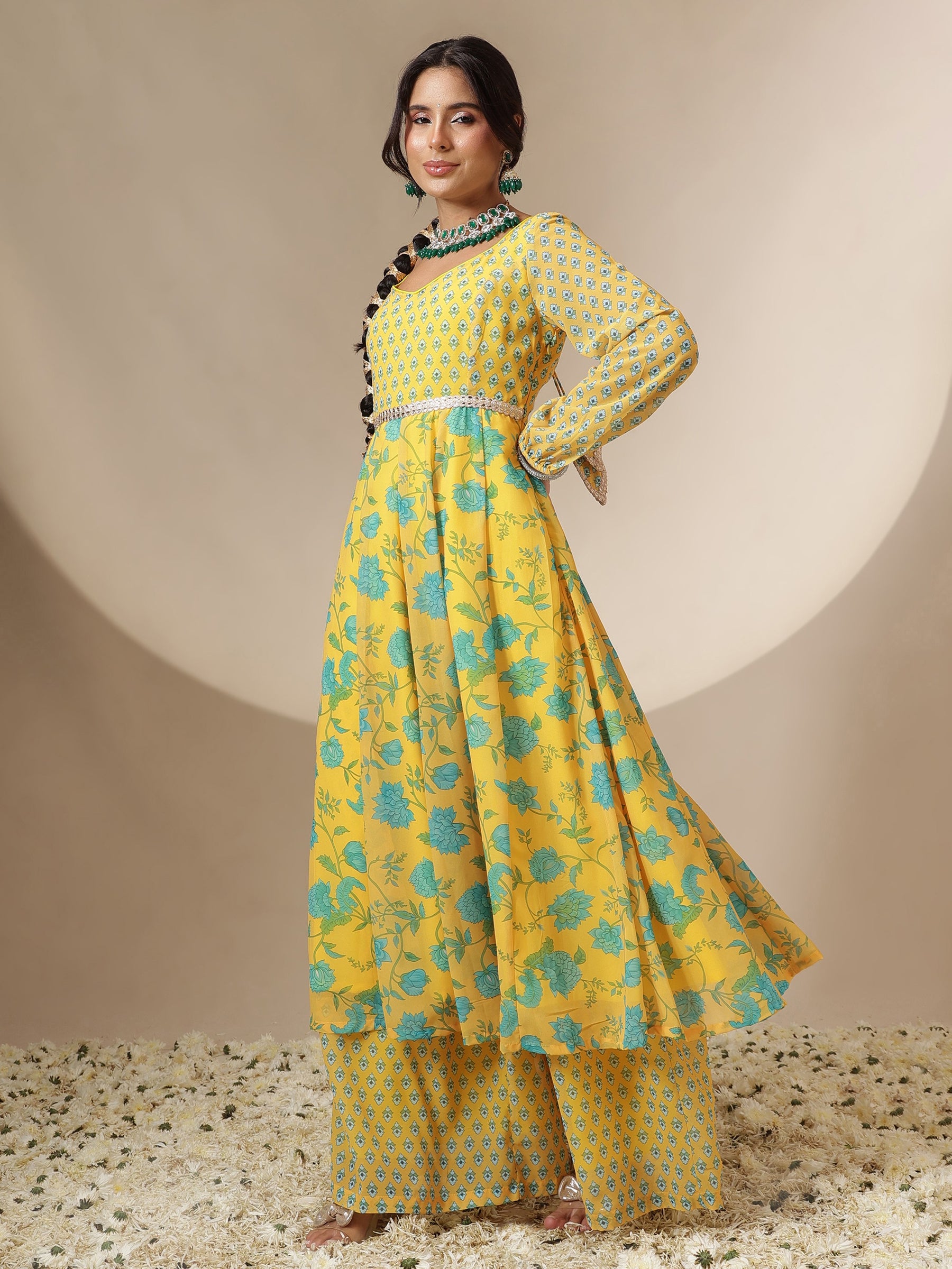 Yellow Floral Sweetheart Neck Anarkali Kurta With Palazzos-Shae by SASSAFRAS
