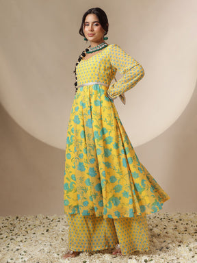 Yellow Floral Sweetheart Neck Anarkali Kurta With Palazzos-Shae by SASSAFRAS
