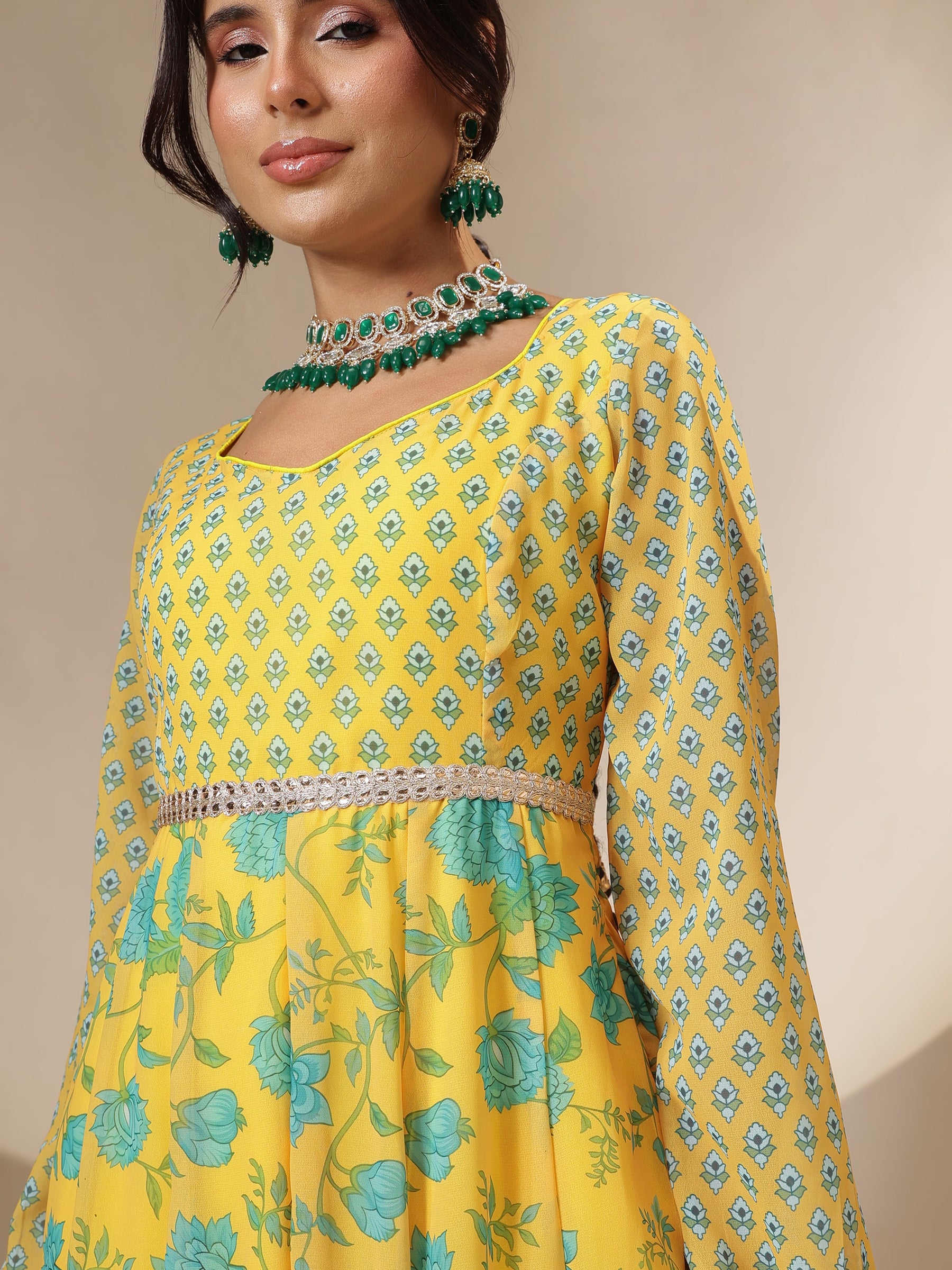 Yellow Floral Sweetheart Neck Anarkali Kurta With Palazzos-Shae by SASSAFRAS
