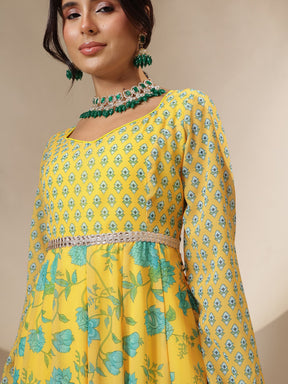 Yellow Floral Sweetheart Neck Anarkali Kurta With Palazzos-Shae by SASSAFRAS