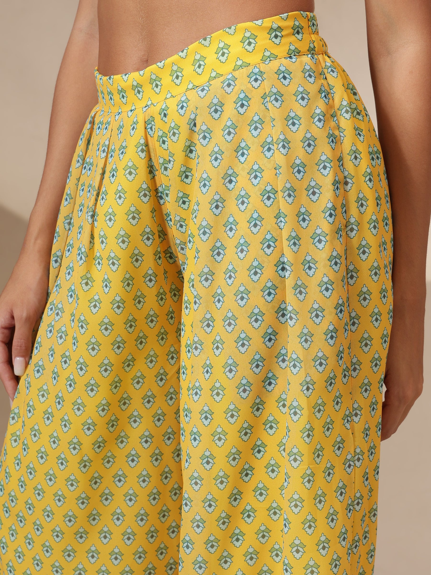Yellow Floral Sweetheart Neck Anarkali Kurta With Palazzos-Shae by SASSAFRAS