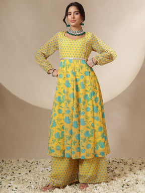 Women Yellow Floral Sweetheart Neck Anarkali Kurta With Palazzos