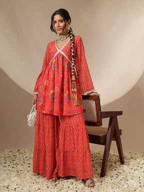 Red Floral Peplum Top With Sharara Pants -Shae by SASSAFRAS