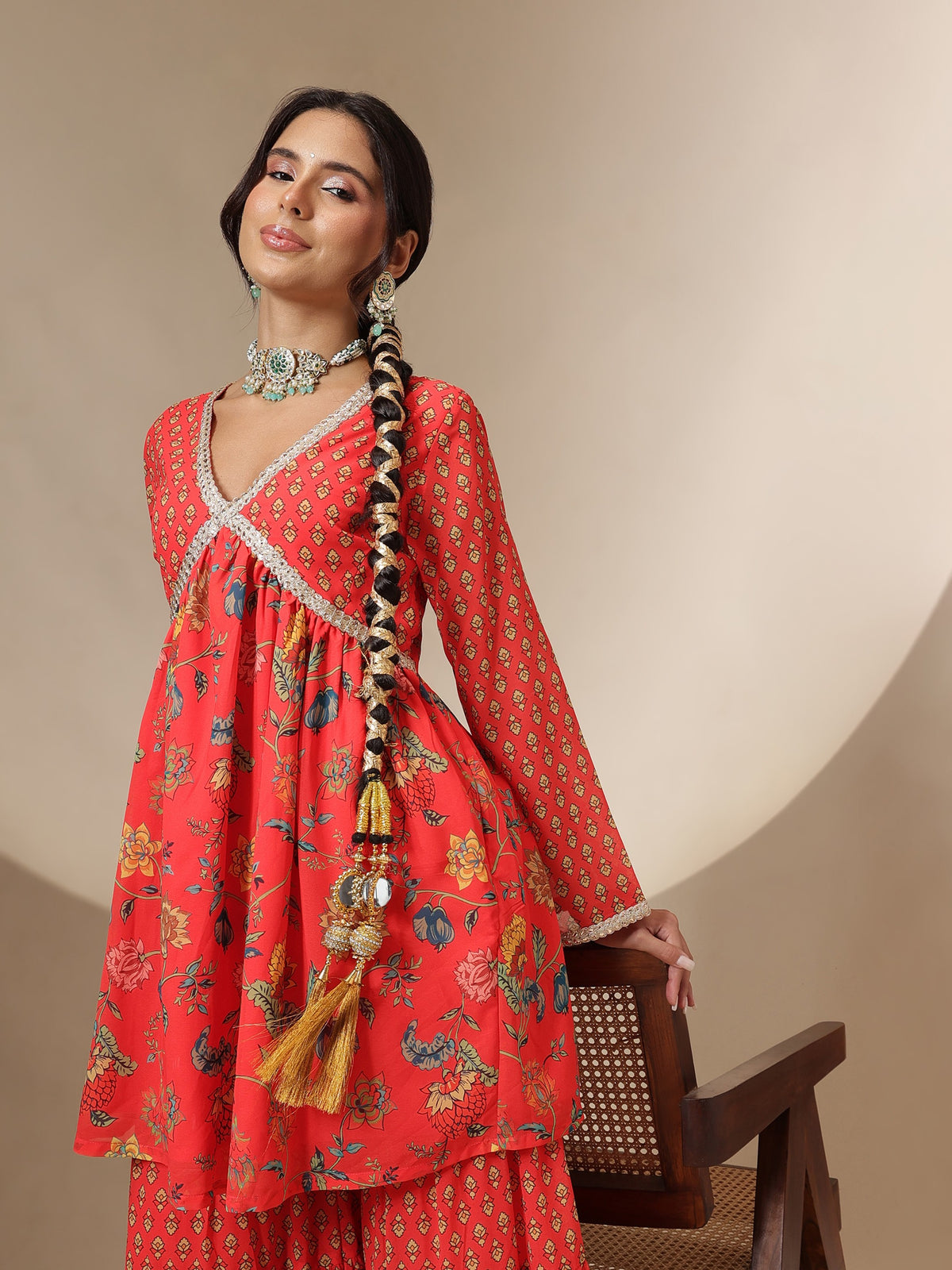 Red Floral Peplum Top With Sharara Pants -Shae by SASSAFRAS