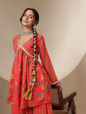 Red Floral Peplum Top With Sharara Pants -Shae by SASSAFRAS