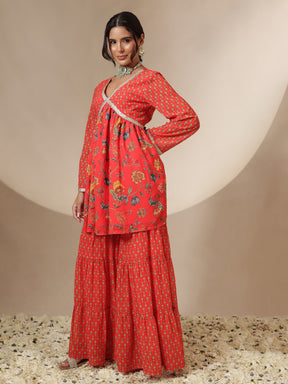 Red Floral Peplum Top With Sharara Pants -Shae by SASSAFRAS
