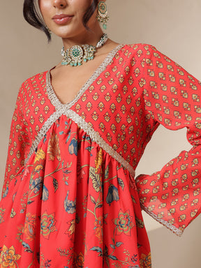 Red Floral Peplum Top With Sharara Pants -Shae by SASSAFRAS