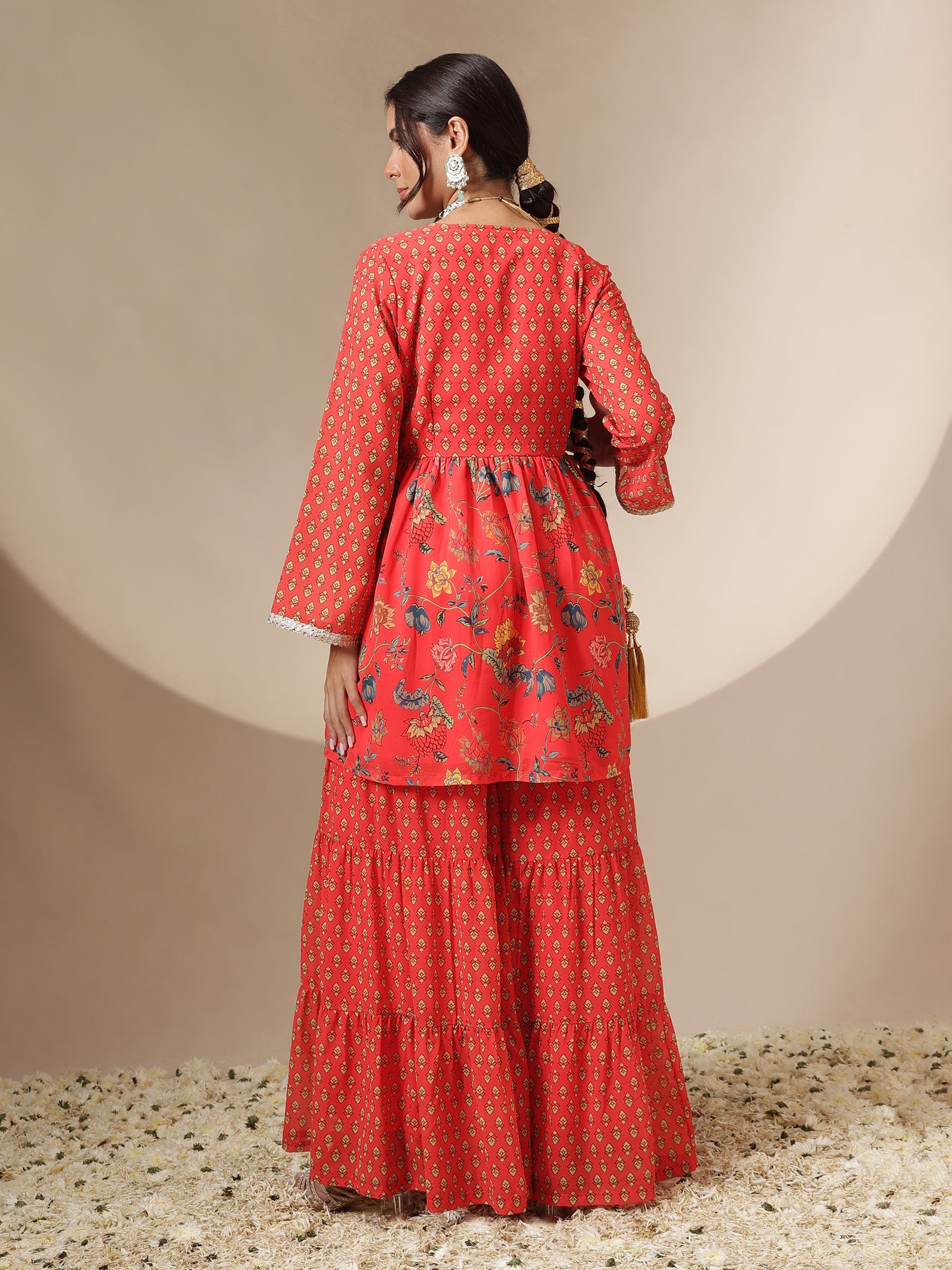 Women Red Floral Peplum Top With Sharara Pants