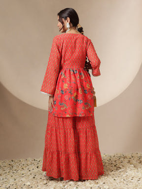 Women Red Floral Peplum Top With Sharara Pants