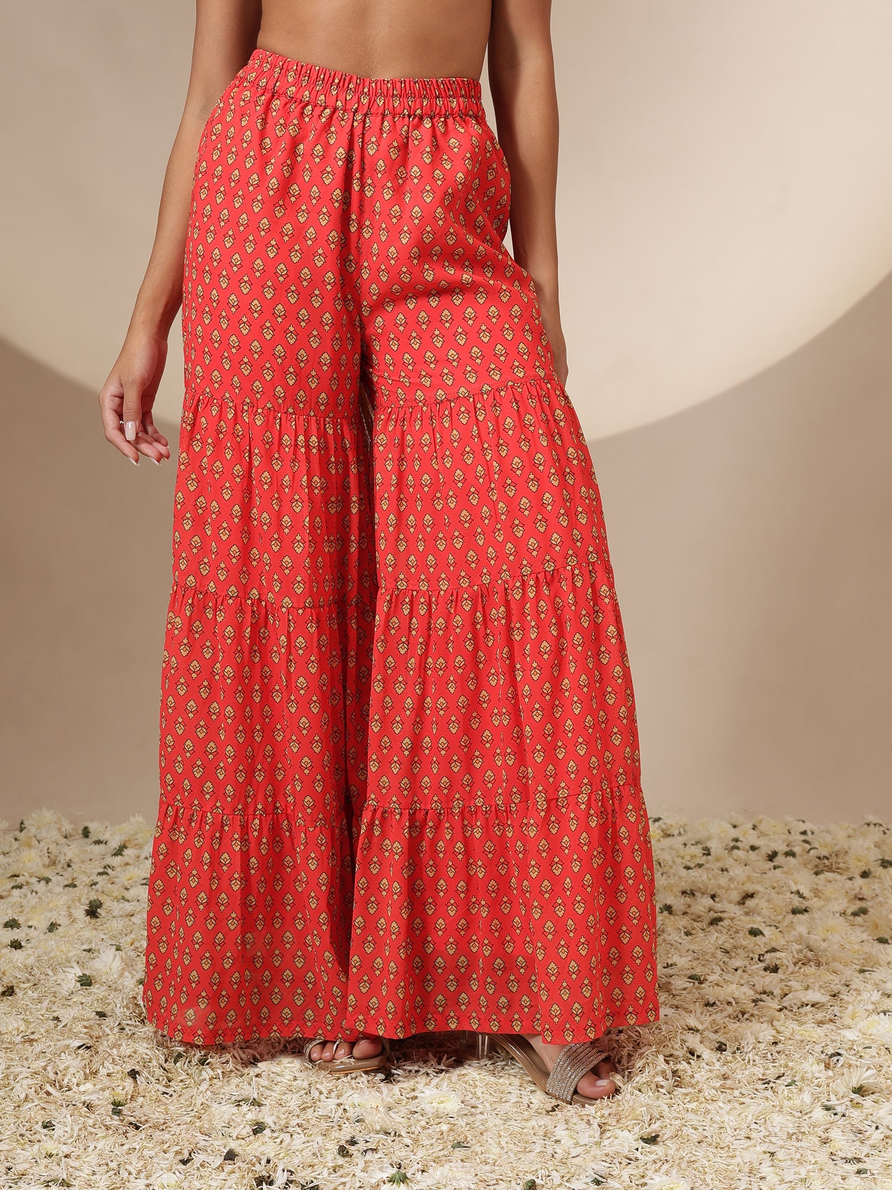Women Red Floral Peplum Top With Sharara Pants