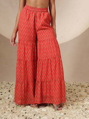 Women Red Floral Peplum Top With Sharara Pants