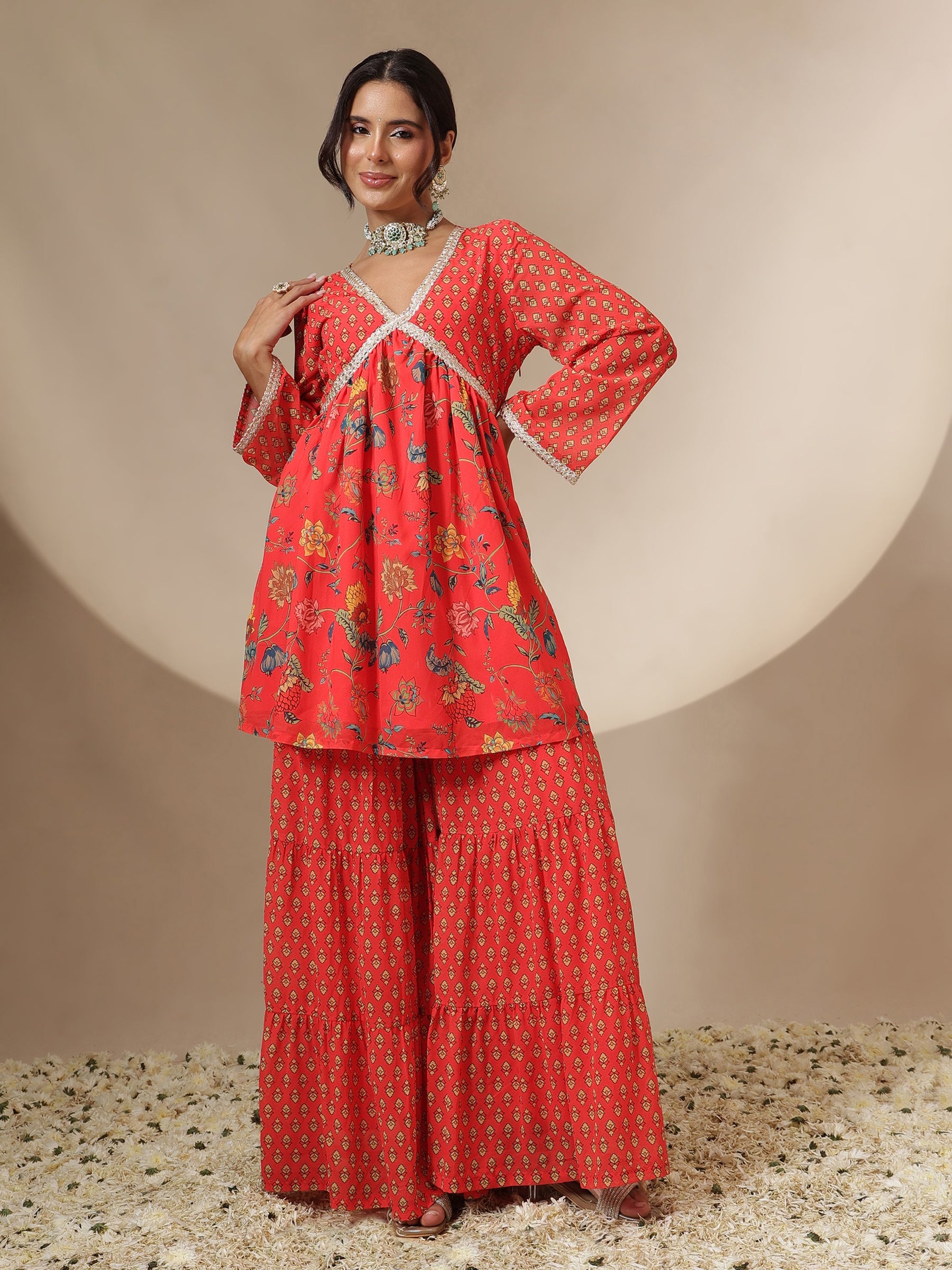 Women Red Floral Peplum Top With Sharara Pants