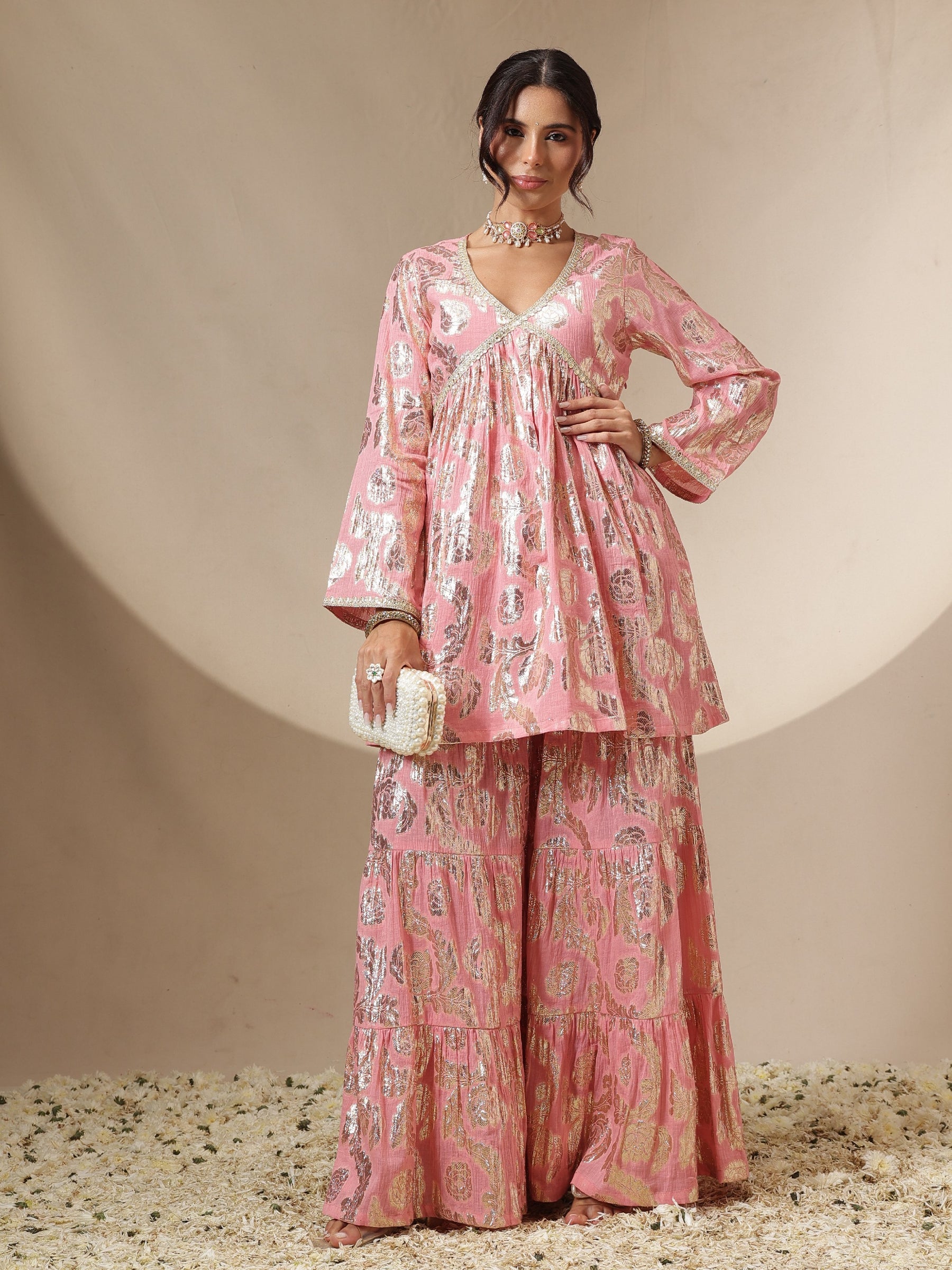 Pink Peplum Top With Sharara Pants -Shae by SASSAFRAS