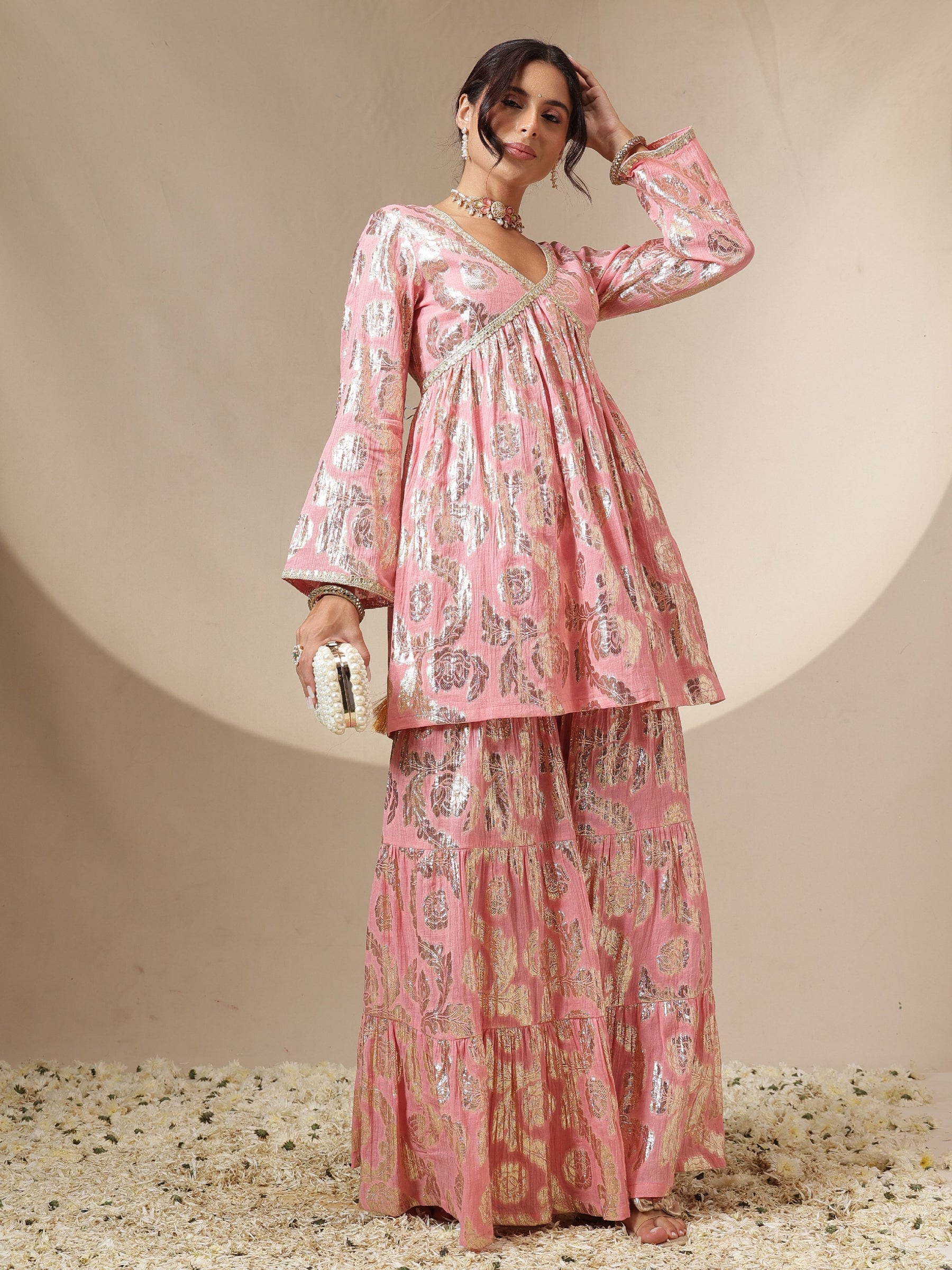 Pink Peplum Top With Sharara Pants -Shae by SASSAFRAS