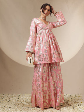 Pink Peplum Top With Sharara Pants -Shae by SASSAFRAS