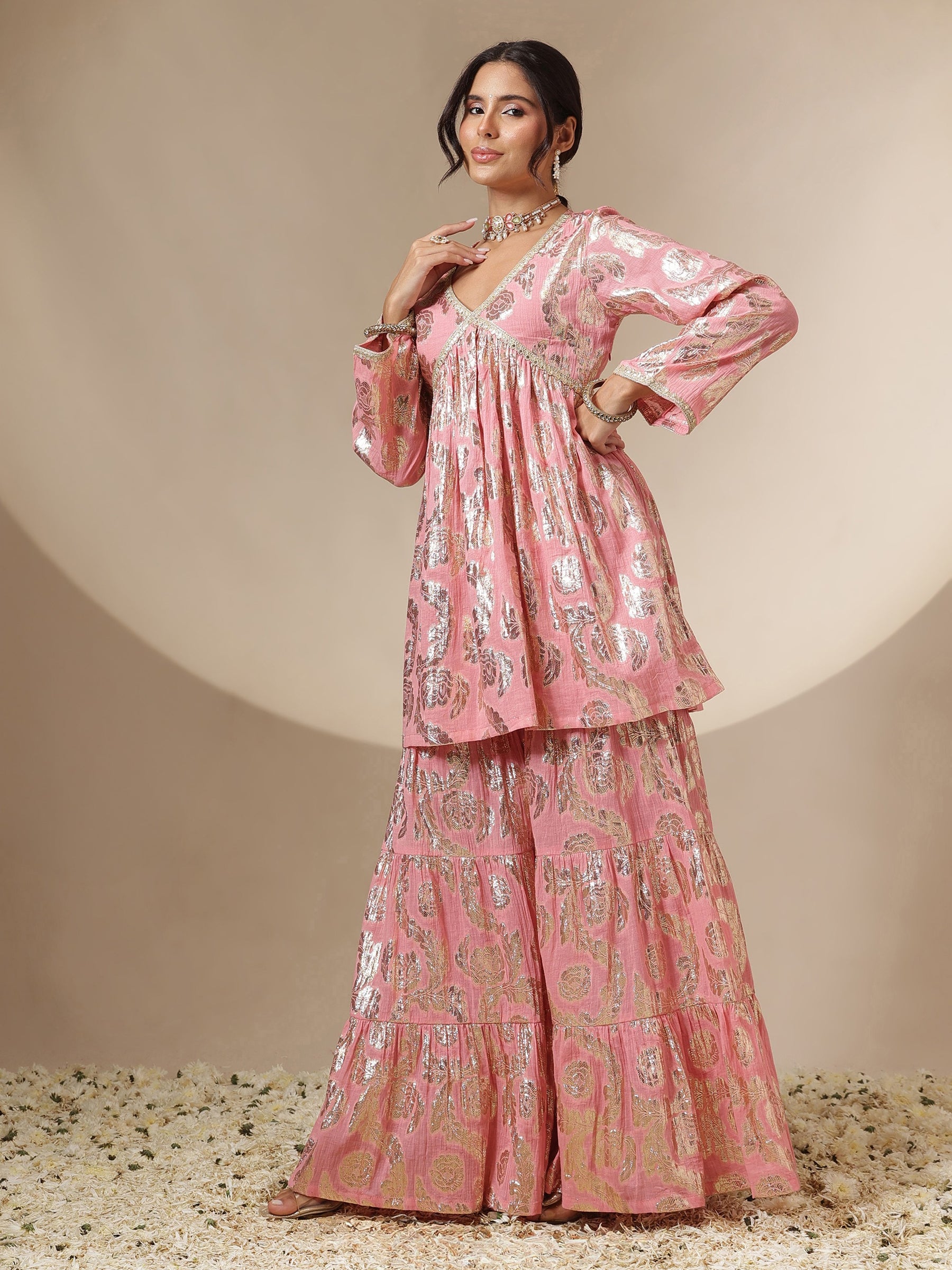 Pink Peplum Top With Sharara Pants -Shae by SASSAFRAS