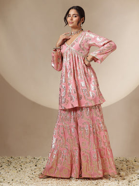 Pink Peplum Top With Sharara Pants -Shae by SASSAFRAS