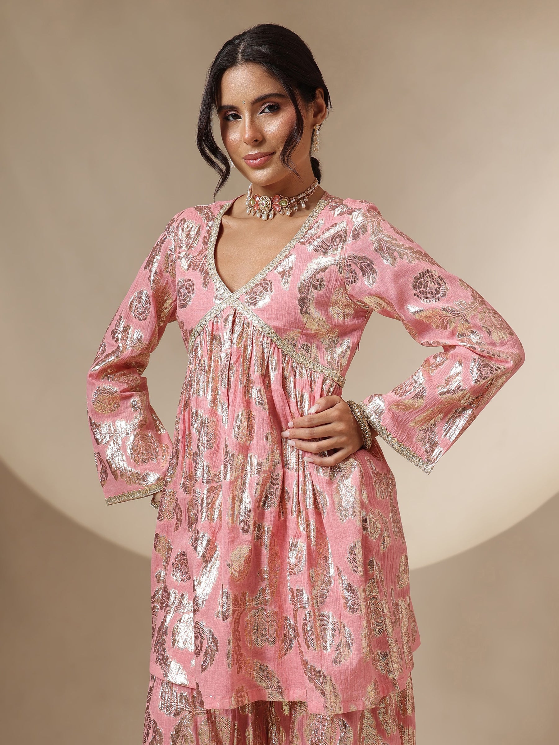 Women Pink Peplum Top With Sharara Pants