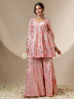 Women Pink Peplum Top With Sharara Pants