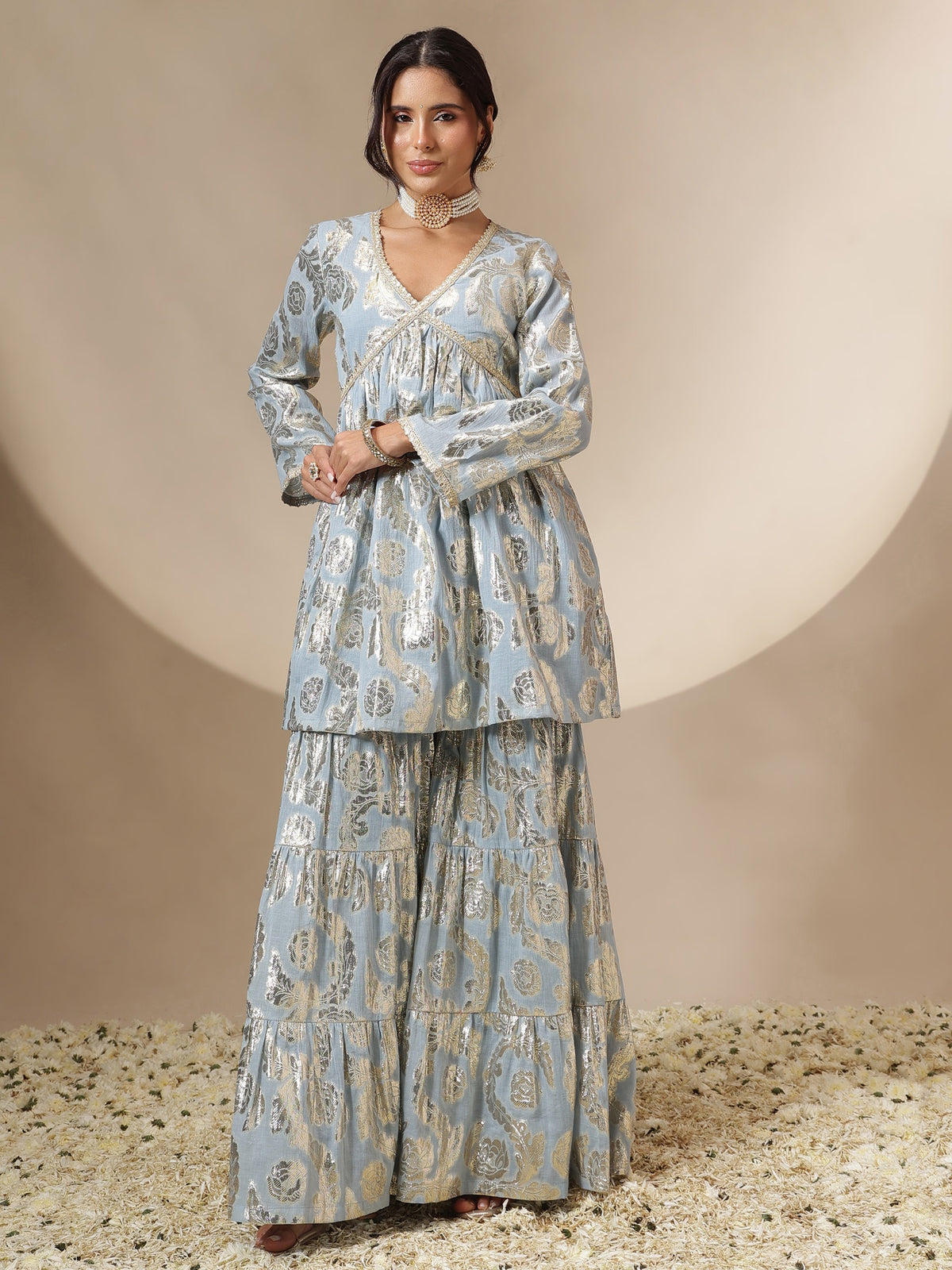 Powder Blue Peplum Top With Sharara Pants -Shae by SASSAFRAS