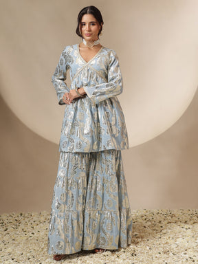 Powder Blue Peplum Top With Sharara Pants -Shae by SASSAFRAS