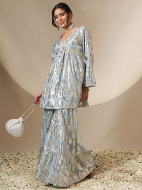 Powder Blue Peplum Top With Sharara Pants -Shae by SASSAFRAS