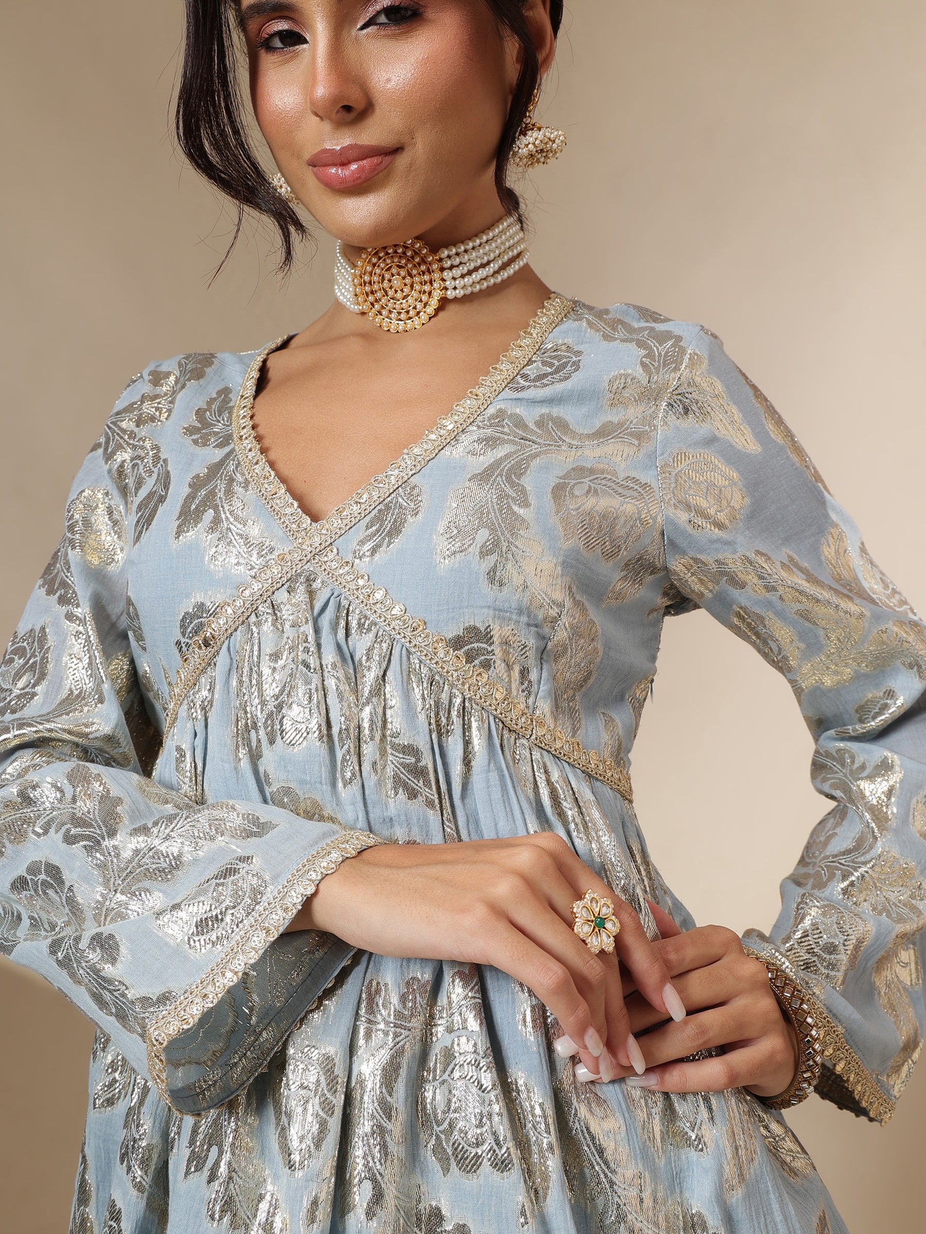 Powder Blue Peplum Top With Sharara Pants -Shae by SASSAFRAS
