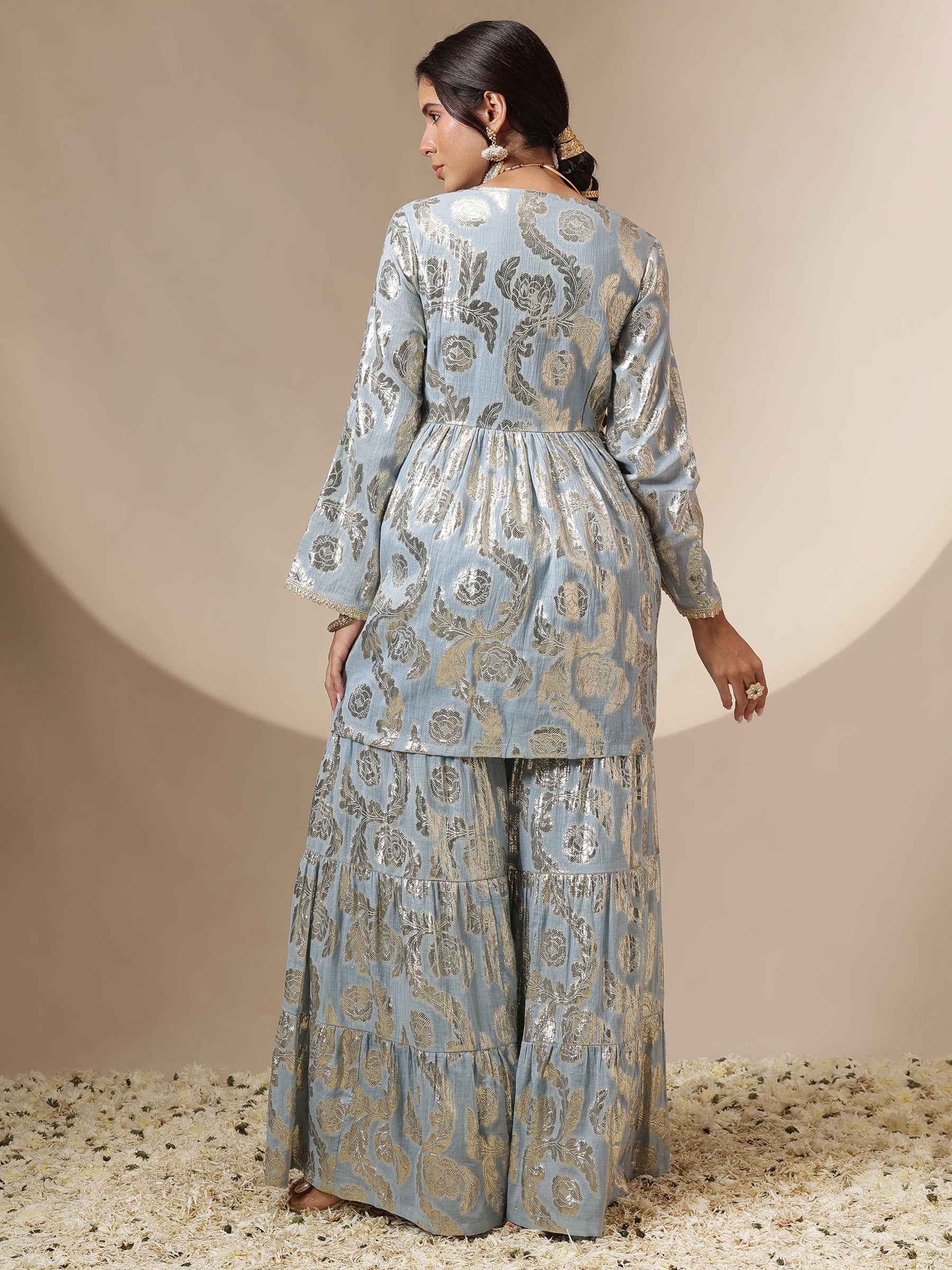 Women Powder Blue Peplum Top With Sharara Pants