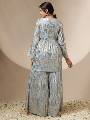 Women Powder Blue Peplum Top With Sharara Pants