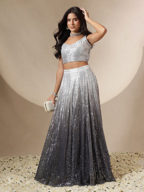 Black Ombre Sequin Crop Top With Anarkali Skirt-Shae by SASSAFRAS