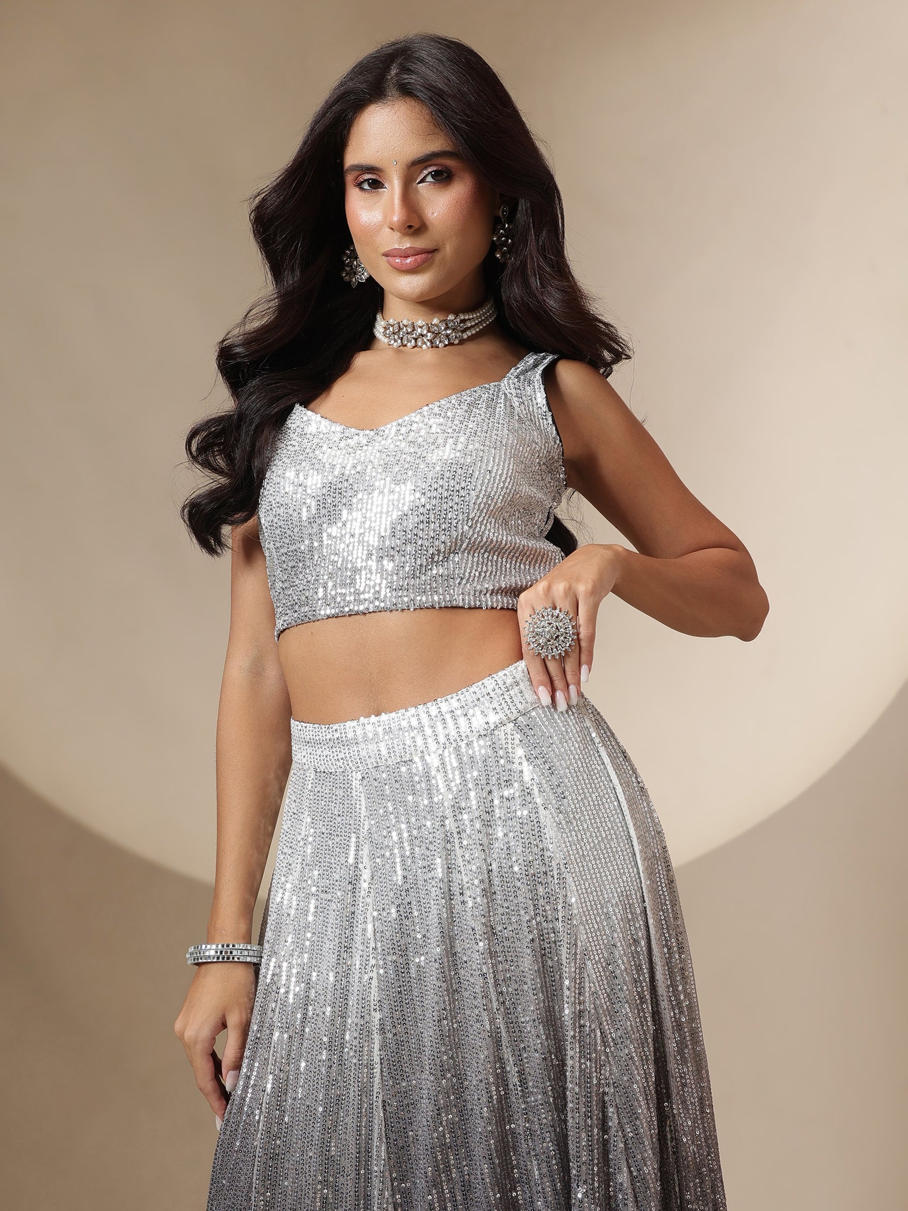 Black Ombre Sequin Crop Top With Anarkali Skirt-Shae by SASSAFRAS