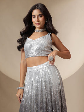 Black Ombre Sequin Crop Top With Anarkali Skirt-Shae by SASSAFRAS