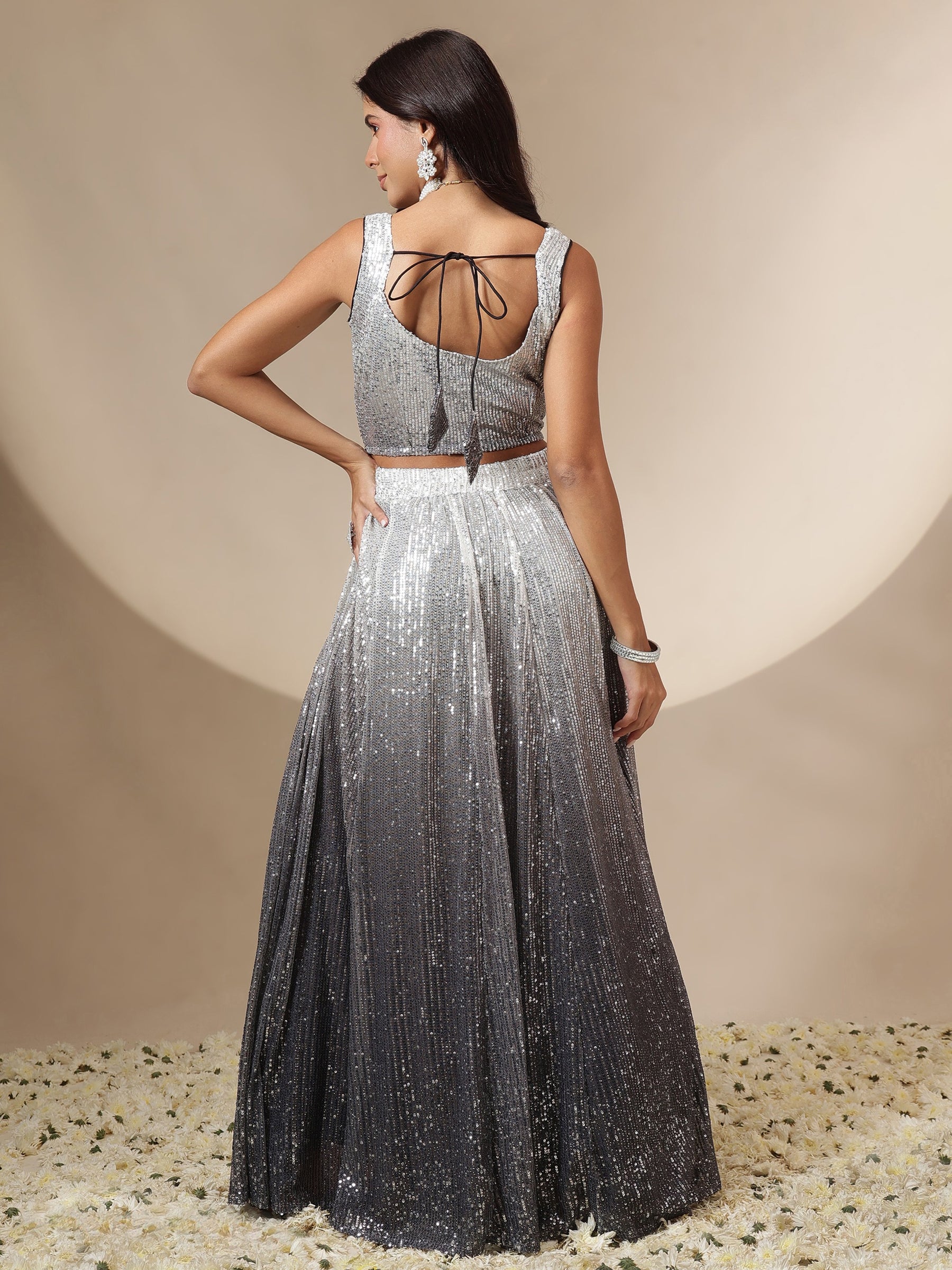 Women Black Ombre Sequin Crop Top With Anarkali Skirt