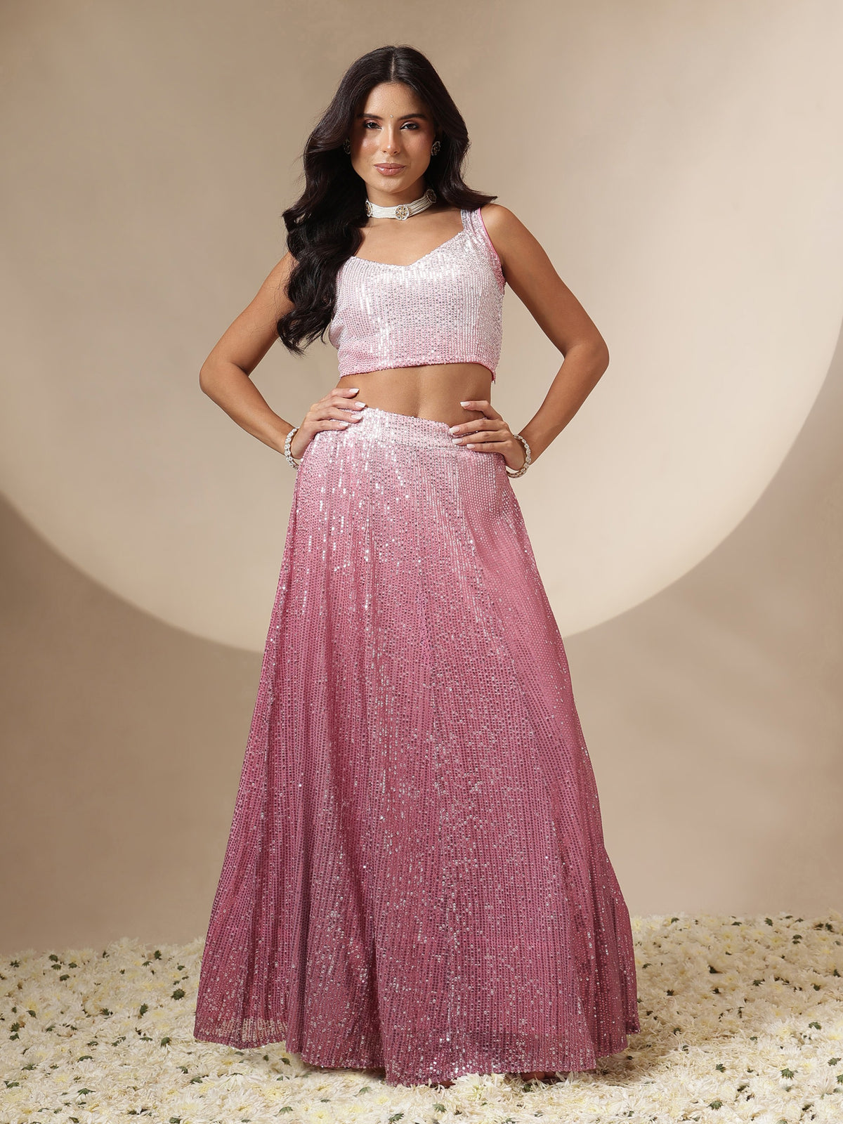 Pink Ombre Sequin Crop Top With Anarkali Skirt-Shae by SASSAFRAS